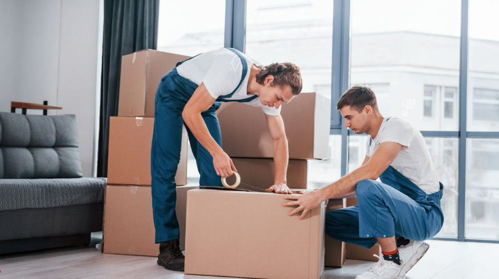 Image of two professional movers loading boxes into a moving truck